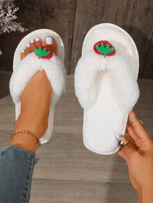 Cute Strawberry Fluffy Women's Flip Flops, Comfortable Plush Faux Fur Open Toe Slippers Sandals, Non-Slip Flat Bottom Indoor Bedroom Slippers - White - View 6