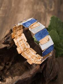 Set Perhiasan Gelang & Cincin Bertekstur Blok Warna Vintage, Gelang dan Cincin Enamel Geometris Tidak Beraturan Biru, Aksesori Fesyen Retro untuk Wanita Sehari-hari - Geometri 1 - View 3
