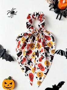 1pc Halloween Print Ribbon Bow Hair Tie, Pumpkin Spider Web Witch Pattern Hair Rope, Autumn Dark Hair Accessory, Gift For Girls - Multicolor - View 4