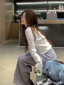 V-Neck Long Sleeve Cable Knit Cardigan - White - View 4