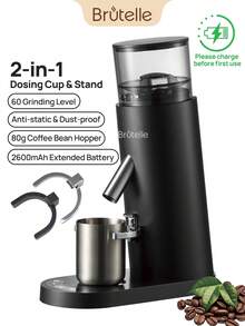 Brutelle 1个USB充电式咖啡研磨机，60种研磨设置，电池续航时间长，适用于家庭咖啡角和咖啡馆 - 黑色 - 查看 3