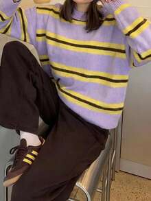 Women's Colorblock Striped Crew Neck Long Sleeve Drop Shoulder Loose Knit Pullover - Lilac Purple - View 5