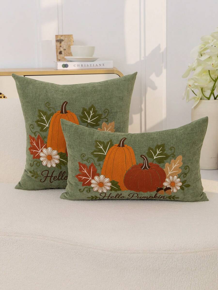 1件感恩節綠色南瓜楓葉花卉刺繡枕套，感恩節 Hello Pumpkin 刺繡枕套，適合室內裝飾，感恩節裝飾，四季通用枕套，不含枕芯