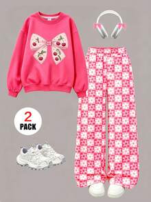 2pcs Girls Outfit Set, Includes Cherry Bow Print Crew Neck Sweatshirt And Random Floral Plaid All-Over Print Wide Leg Pants, Suitable For Spring, Autumn And Winter - Multicolor - View 2