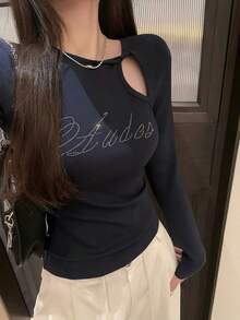 Women's Early Autumn Hollow Letter Rhinestone Long Sleeve Base Layer Top - Navy Blue - View 2