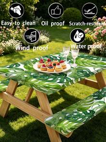 3 Pieces Picnic Tablecloth Set With Bench Cover, Elastic Edge Design, Leaf Pattern With Colorful Floral Accents, Washable Rectangular Tablecloth, Suitable For Weddings, Camping, Picnics, Garden Parties And More, Practical Essential - B - View 8