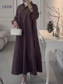 Women's Casual Minimalist Turndown Collar Long Sleeve Half-Placket Side Slit Long Shirt, Solid Color Woven Fabric Front Button Slit Commuting Office Daily Wear - Coffee Brown - View 6