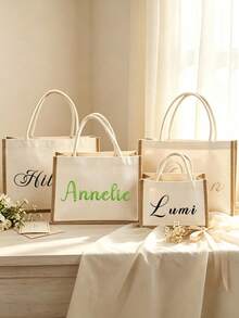 Personalized Custom Embroidered Name Canvas Linen Tote Bag, Large Capacity Handbag, Bridesmaid Gift Bag, Casual Commuter Shopping Shoulder Bag For Women - Multicolor - View 5