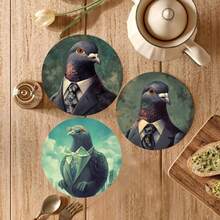 6pcs Heat-Insulating Wooden Coasters, Creative Suit Pigeon Pattern, Suitable For Home, Office And Party Beverage Coasters, Durable Absorbent Coasters, Perfect Holiday Gift - Multicolor - View 4