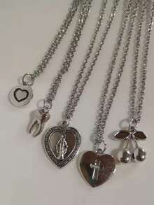 Collar de 5 piezas nuevo para mujer con diseño de corazón y cruz, estilo gótico, joyería estética, collar Harajuku - Plateado - Ver 2