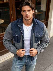 Men's Autumn/Winter Fashion Casual Minimalist Versatile Corduroy Fabric Patchwork Contrast Color Jacket - Grey - View 2