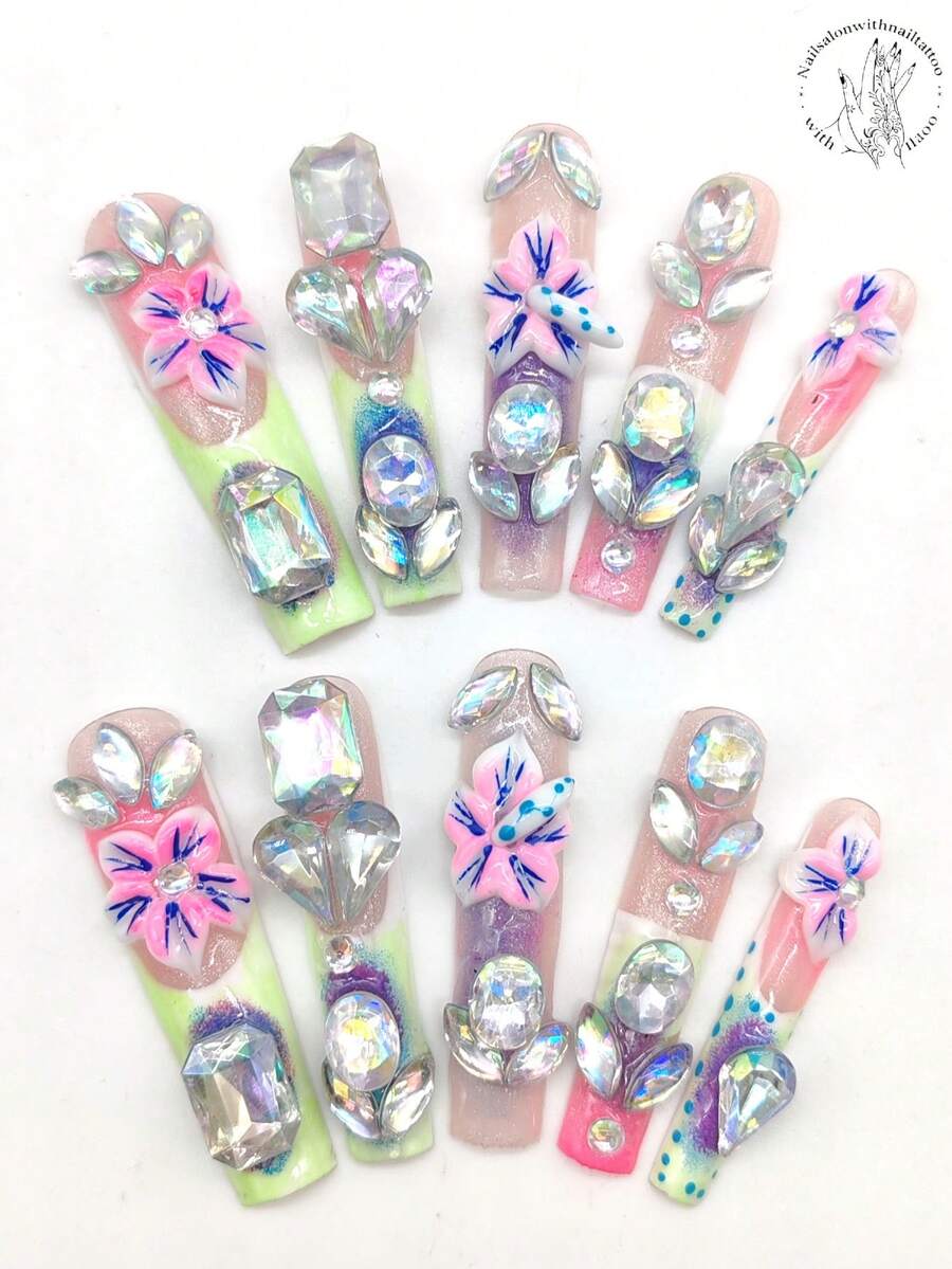 10pcs Handmade Press-On Nails, 55mm Square Shape, Y2K Style, Pink Green White Color Palette, French Design Style, Decorated With Raised Flowers, Rhinestones, White Pearls, Etc. Autumn/Winter Nail Art, Back To School Personalized Matching. Ideal Nail Gift For Women And Girls. - Multicolor - View 1