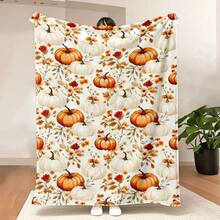 1pc Autumn Leaf Pumpkin Plaid Comfortable Flannel Blanket - Breathable And Soft, Suitable For Sofa And Camping, Suitable For All Seasons, Lightweight Flannel Throw Blanket For Your Loved Ones, Wonderful Holiday Gift, 2D Flat Print Pattern, 2D Flat - Multicolor - View 1