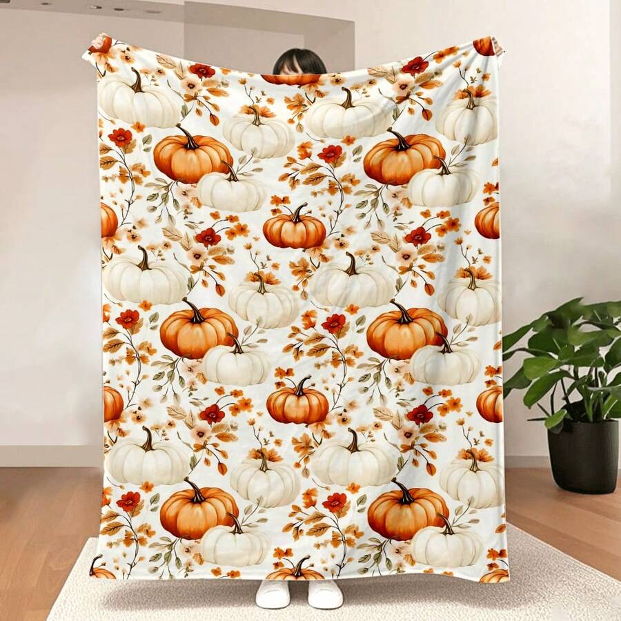 1pc Autumn Leaf Pumpkin Plaid Comfortable Flannel Blanket - Breathable And Soft, Suitable For Sofa And Camping, Suitable For All Seasons, Lightweight Flannel Throw Blanket For Your Loved Ones, Wonderful Holiday Gift, 2D Flat Print Pattern, 2D Flat - Multicolor - View 1