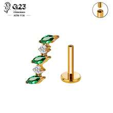 1PC G23 Titanium Internally Threaded Labret Stud Emerald Green Chain Cartilage Stud Earrings Cluster Flat Earring Piercing Jewelry Women New - Green - View 27