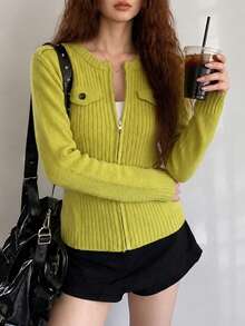 Sweater Rajut Cardigan Minimalis Kasual Wanita Musim Gugur/Dingin, Ramping, dengan Tekstur Vertikal dan Resleting. - hijau kekuningan - View 4