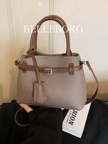 BELLEBORG 女款高級休閒拼色通勤復古帆布扣環百搭小方包手提包 - 灰色 - 查看 7