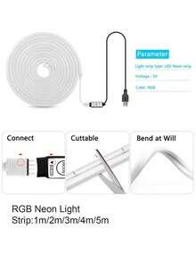 1M 2M 3M 4M 5M USB RGB Neon Light Strip, 3-Button Flexible LED Light 5V RGB Neon Light, Bedroom LED Neon Light Strip, Suitable For Halloween, Party Atmosphere Lighting And Holiday Decoration - RGB - View 9