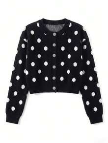 Women's Cardigan Sweater, Round Neck, Single-Breasted Button Closure, Long Sleeve, European And American Modern Style, Daily Wear, Colorblock Polka Dot, Versatile For Single Wear Or Layering, Warm, Autumn/Winter - Black - View 8