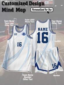 2pcs Customized Men's Basketball Jersey Set, Personalized Basketball Uniform With Name, Number, Logo, Sleeveless Tank Top And Shorts, Team Sports Apparel, Gift For Friends - Blue and White - View 1