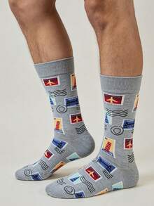 1/3/6 Pairs Men's Vintage Travel Stamp Pattern Crew Socks,Soft Breathable Novelty Airplane Landmark Postage Dress Socks,For Daily Wear&Back‑To‑School - Multicolor - View 3