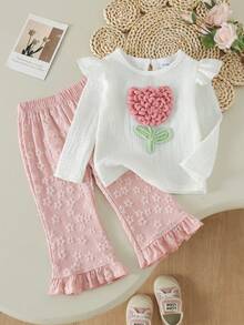 2pcs Baby Girl Gentle Lady Style Textured Bubble Fabric Cap Sleeve Top With 3D Knitted Flower Decor & Embossed Floral Frill Trim Flared Long Pants Set, Spring Autumn - Pink - View 1