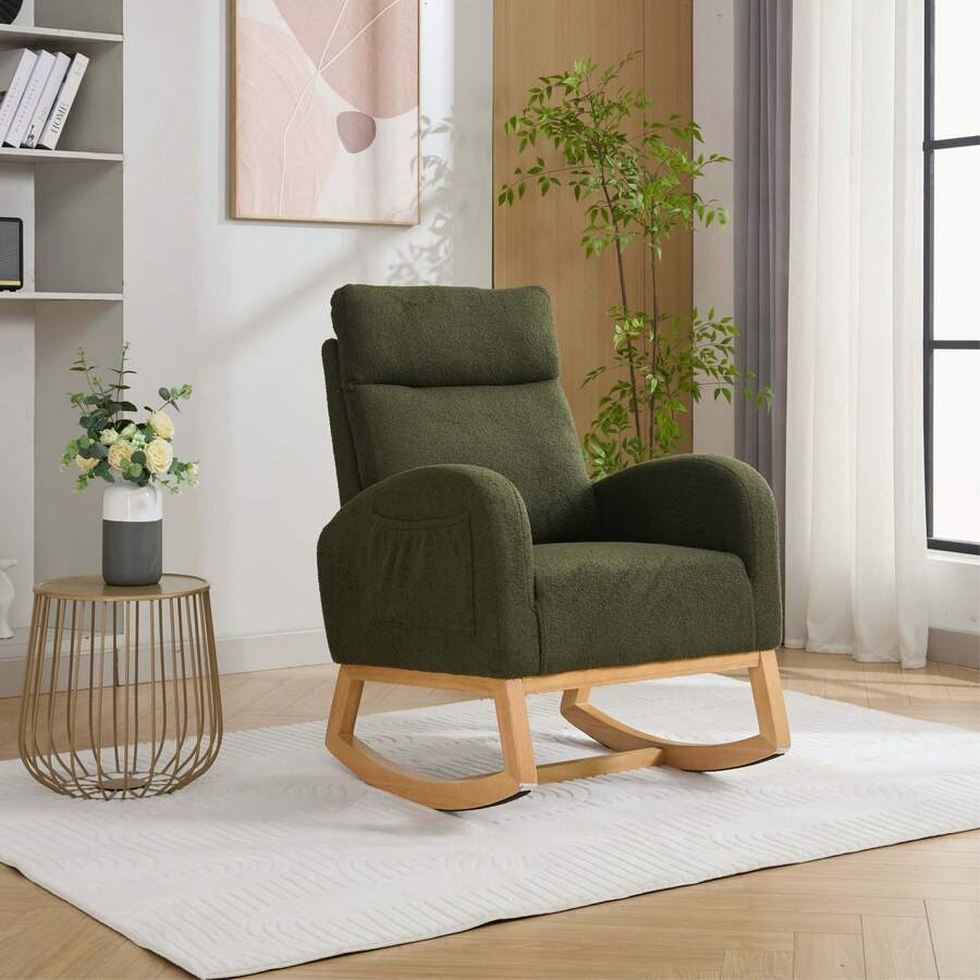 Mid‑Century Modern Teddy Fabric Rocking Chair, Ergonomic Padded Rocker Armchair With Side Storage Pocket, Solid Wood Rocking Legs For Living Room, Bedroom, Reading Nook - Green - View 1