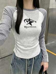 Kaos Lengan Panjang Raglan Sporty dengan Garis Kontras Kasual - Light Grey - View 2