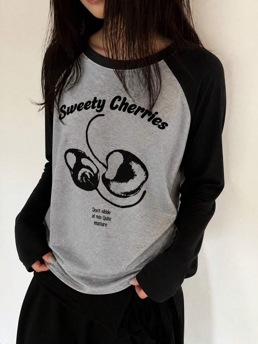 Y2K Women's Colorblock Patchwork Cherry Print Letter Long Sleeve T-Shirt, Versatile Spring/Autumn Casual Korean Ins Style Round Neck Raglan Long Sleeve Top - Dark Gray - View 1