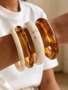 4pcs Vintage Minimalist Casual Women's Round Plain Acrylic Bracelets, Multicolor Coffee Color, Suitable For Daily Wear And Summer Beach Vacation, Stackable, Perfect Gift For Holidays - Multicolor - View 7