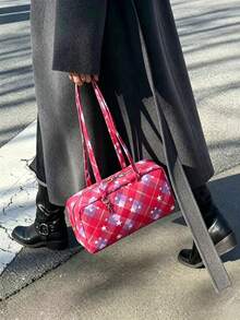 Nylon Bowling Bag, Tote Bag With Top Handle And Key Lanyard, Minimalist Casual Large Capacity Commuter Work Bag, Fashion Polka Dot Shoulder Handbag, Suitable For Daily Style - Hot Pink - View 2