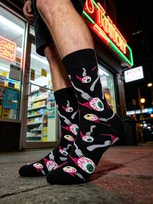 1 Pair Men's Black Bottom Colorful Eyeball All-Over Print Mid-Calf Socks, Dark Fun Socks, Suitable For Spring/Autumn/Daily Wear/Halloween Party - Multicolor - View 4