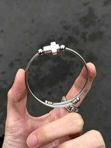 1/2pcs Men's Bracelet, Silver Titanium Steel, Bamboo Joint Cross Personalized Versatile Bracelet, Daily Commute Wear Accessory - Silver - View 5