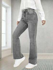 Teen Girls' Classic Versatile Stretchy Comfortable Flare Jeans - Grey - View 5