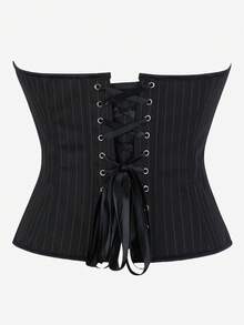 Women's Thin Striped Bandeau Waist-Cinching Top, Side Lace-Up Front Zipper Bustier Cropped Top, Gothic Vintage Cinched Waist, Party Nightclub Outfit, Streetwear Style, Halloween Costume - Black - View 9