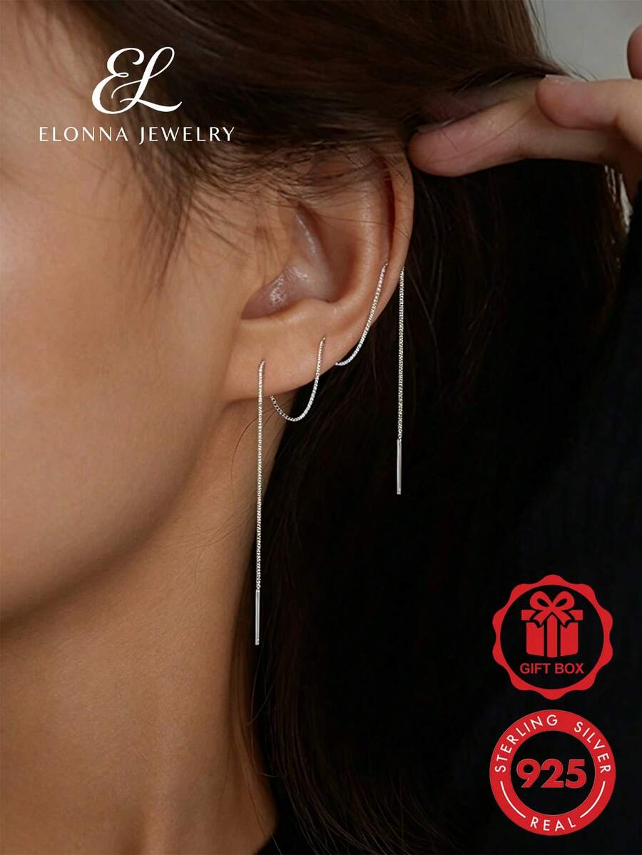 SYMFNY 一對 925 純銀流蘇耳環-適合日常穿著、派對與度假的多功能飾品;母親節禮物首選 - 銀色 - 查看 1