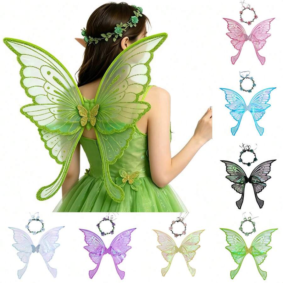 2026 New Floral Wreath, Fairy Mori Style Adult Colorful Printed Long Tail Butterfly Wings, 2pcs Costume Props Set, Suitable For Birthday Decoration, Photography Props, Cosplay Party, Carnival, Halloween And Other Festival Costumes - Multicolor - View 1