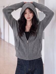Women's Autumn/Winter Minimalist Hooded Cardigan Sweater Jacket - Grey - View 5