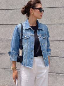 Women's Light Wash Distressed Denim Jacket, Button Detail Design Casual - Light Wash - View 1