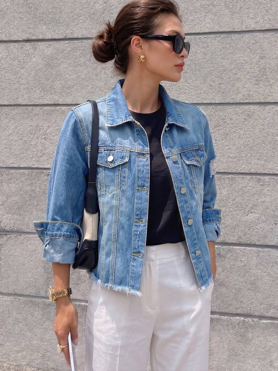Women's Light Wash Distressed Denim Jacket, Button Detail Design Casual - Light Wash - View 1
