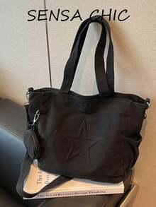 星星壓紋工藝結合柔軟包身質感，休閒風手提斜挎托特包，女款日常出行包，雙手提帶搭配可調節斜挎肩帶多用途托特包 - 黑色 - 查看 9