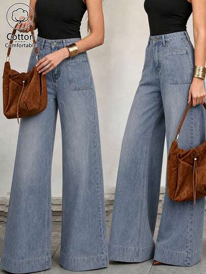 Women's Fashion Relaxed Fit Dark Wash High Waist Big Pocket Straight Leg Jeans, Loose Fit For Commute, Office, Daily Bottoms Casual Fall