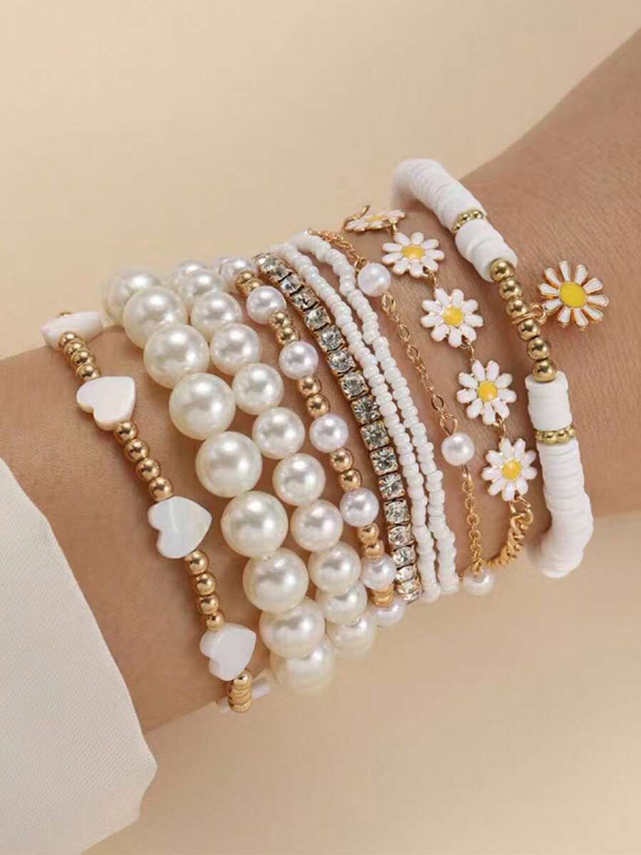 Fashion Love Daisy Faux Pearl Beaded Bracelet 10-Piece Set - Creative Bohemian Beach Handwear - Multicolor - View 1