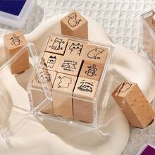 Cat Beech Wood Rubber Stamp Set, Kitty Pattern Wooden Stamps With Storage Box For Journal Scrapbook DIY Diary Craft Decoration - A - View 1