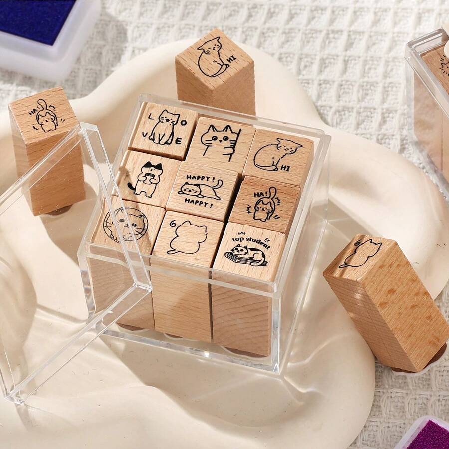 Cat Beech Wood Rubber Stamp Set, Kitty Pattern Wooden Stamps With Storage Box For Journal Scrapbook DIY Diary Craft Decoration - A - View 1