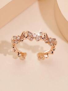 Un anillo de mujer de extremo abierto inspirado en mariposas, elegante, grácil y delicado, adornado con brillantes rhinestones para decoración de boda y regalo - Oro rosa - Ver 4