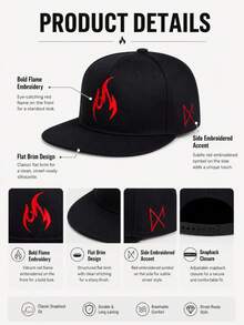 1pc Flame Embroidered Flat Brim Baseball Cap, Hip Hop Adjustable Sun Hat, Street Outdoor Cycling Casual Hat, Unisex - Flame Embroidery Style - View 6