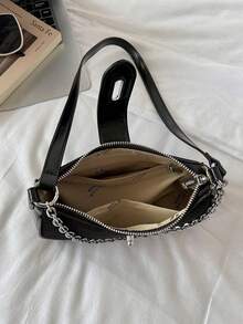 Retro Patch Chain Bag For Women, Simple Lock Clasp, Underarm Bag, Versatile Shoulder Bag, Casual, Can Be Slung, Women's Bag - Black - View 6