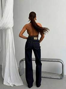 SQUALO Women's Wide Leg Color With Pocket Details Destroyed Retro Washed Street Style Jeans Ripped And Cutout Wide Leg Jeans - Royal Blue - View 4