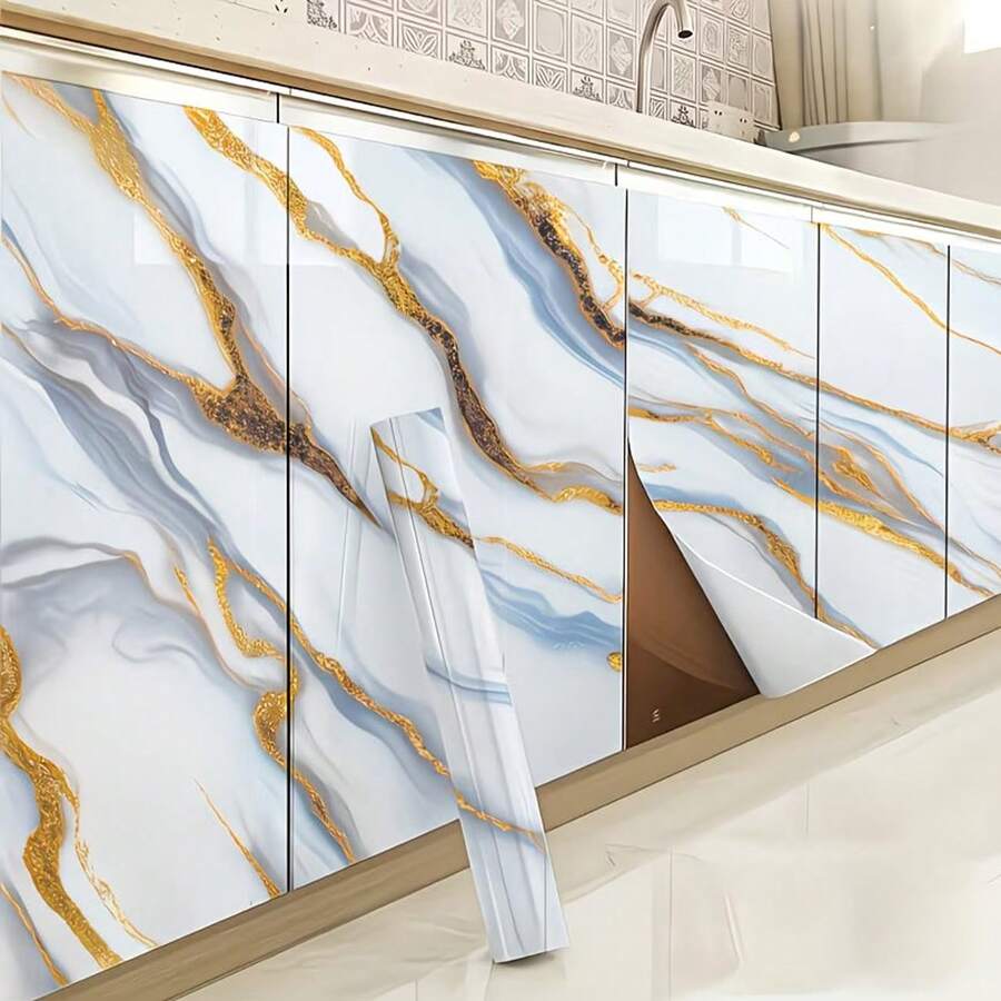 Marble Pattern Countertop Sticker - White Gold Blue Color Self-Adhesive Wallpaper - Peel And Stick - Waterproof Decorative Film - Suitable For Cabinets, Shelves And Furniture Decoration Upgrade Protection - Glacier Gilding - View 1